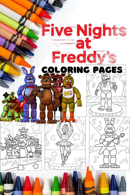 Coloring book for 'Five Nights at Freddy's' with characters and crayons on a white background