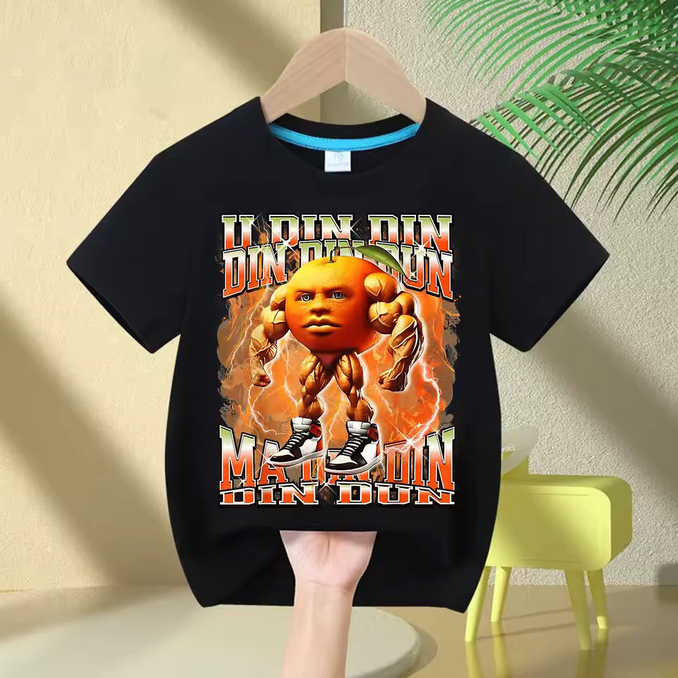 Black t-shirt with Din Din Din Dun design on a hanger against a beige wall.