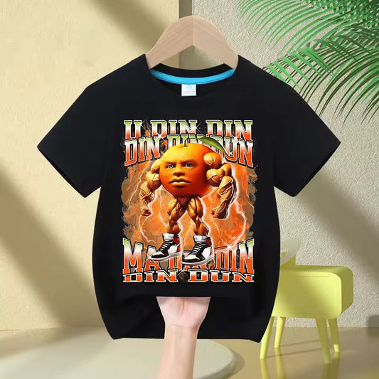 Black t-shirt with Din Din Din Dun design on a hanger against a beige wall.