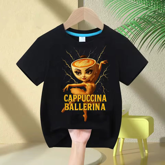 Black t-shirt with 'Cappuccina Ballerina' design on a hanger against a light wall.