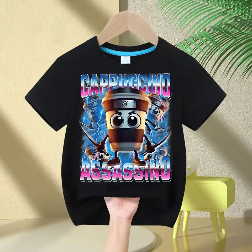 Black t-shirt with cartoon character and text on a hanger against a light-colored wall.
