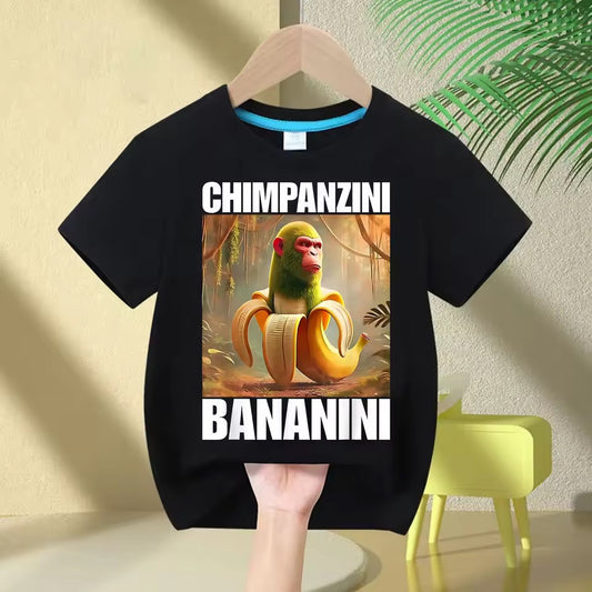 Black t-shirt with a cartoon monkey and banana design, featuring the text 'CHIM PANZINI BANANINI'.