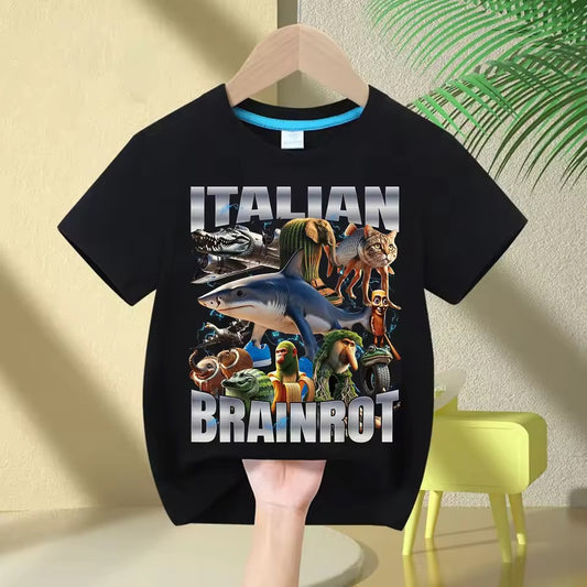 Black t-shirt with 'Italian Brainrot' graphic design on a hanger against a beige wall.