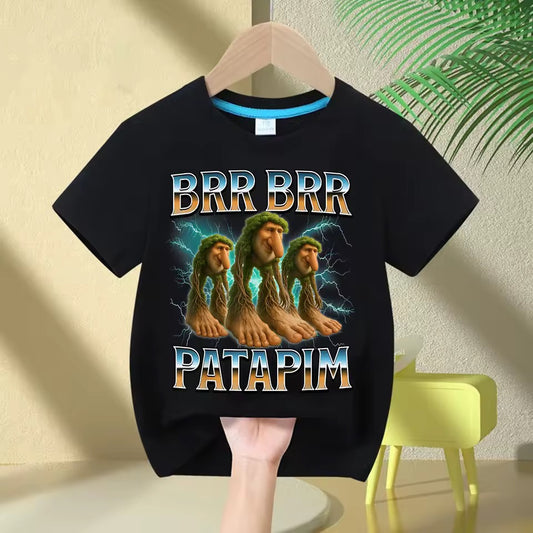 Black t-shirt with 'BRR BRR PATAPIM' text and character design on a hanger.