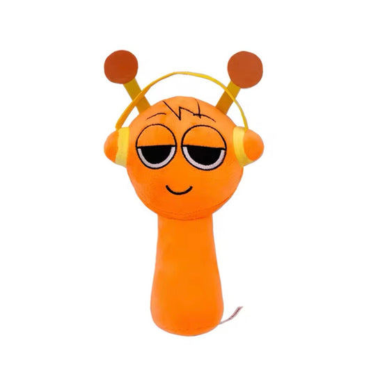 Oren The Sprunki plush toy with a face and yellow headphones on a white background