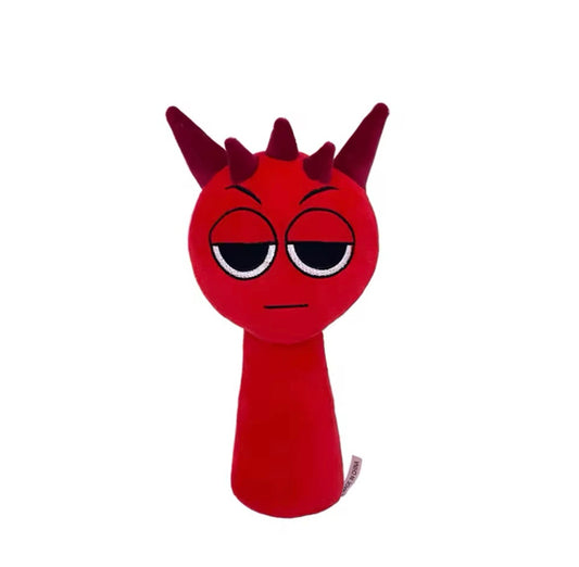 Raddy The Sprunki Red plush toy with horns and a sad expression on a white background