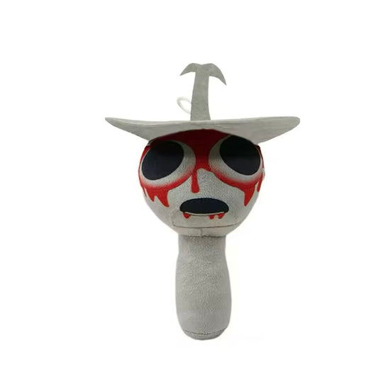 Plush toy with a design resembling a clukr horror character, featuring a white face with black eyes and red accents.