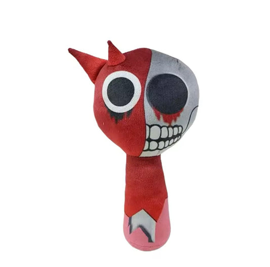 Plush toy Raddy Horror red and gray face on a white background