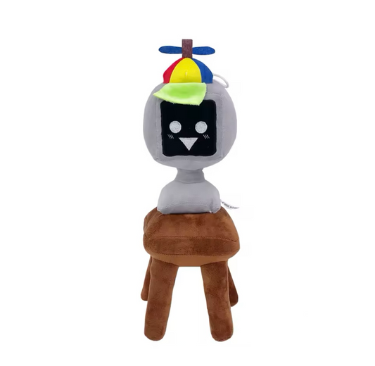 Mr Fun Computer Plush toy with a colorful hat and black face on a brown stool against a white background