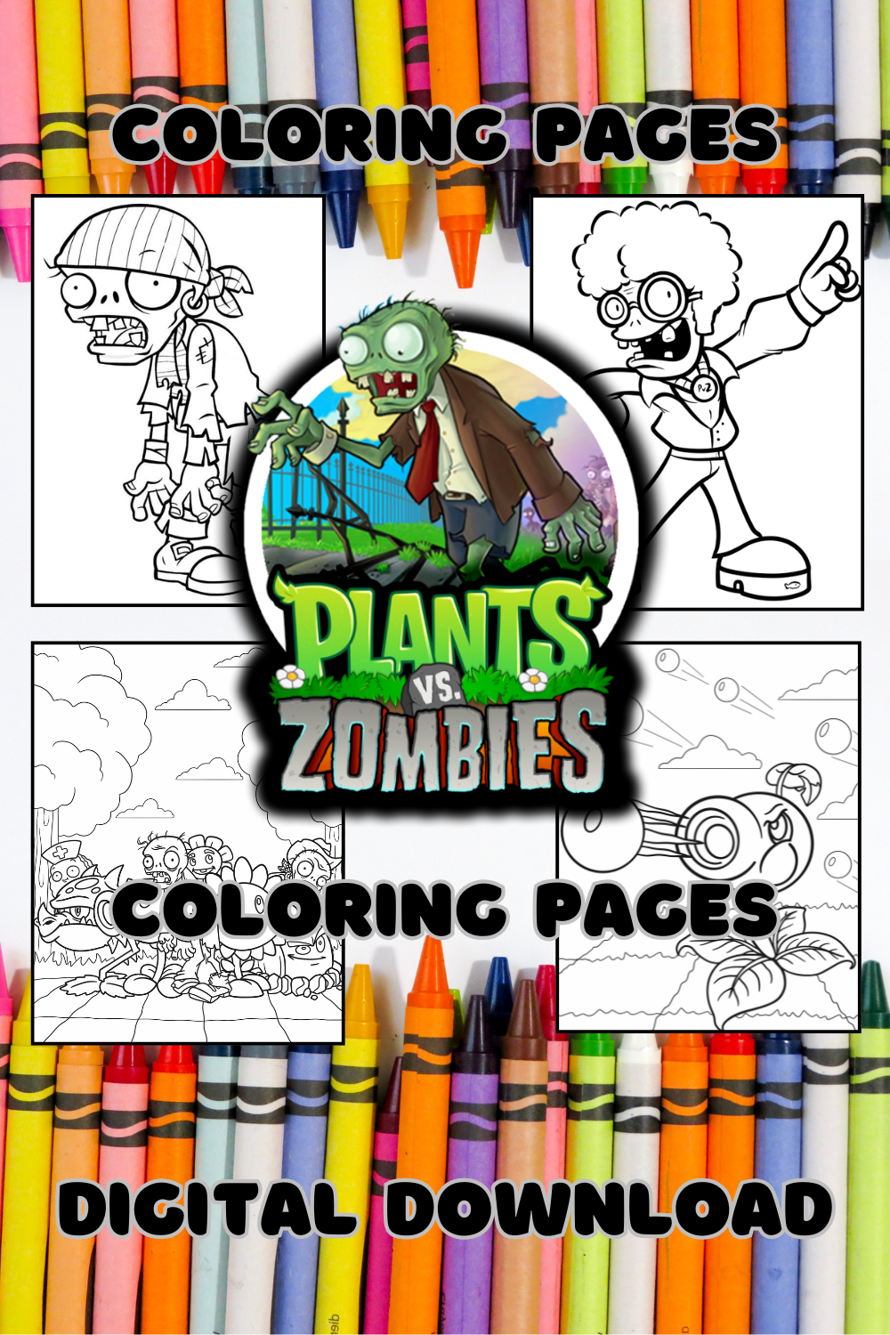 Coloring book with 'Plants vs Zombies' characters and crayons on a colorful background