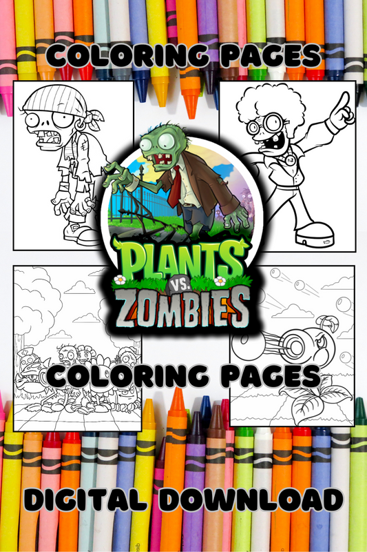 Coloring book with 'Plants vs Zombies' characters and crayons on a colorful background