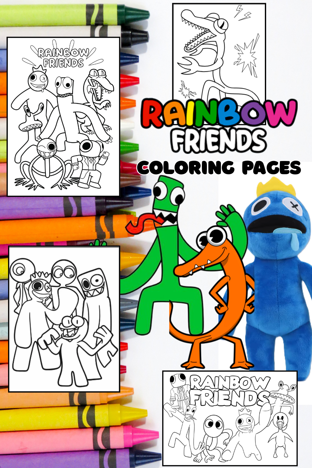 Coloring book with 'Rainbow Friends' characters and crayons on a white background