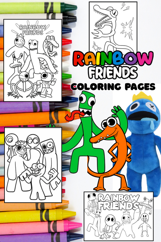 Coloring book with 'Rainbow Friends' characters and crayons on a white background