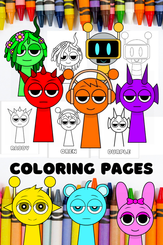 Sprunki Coloring Pages with cartoon characters and crayons at the top Printable