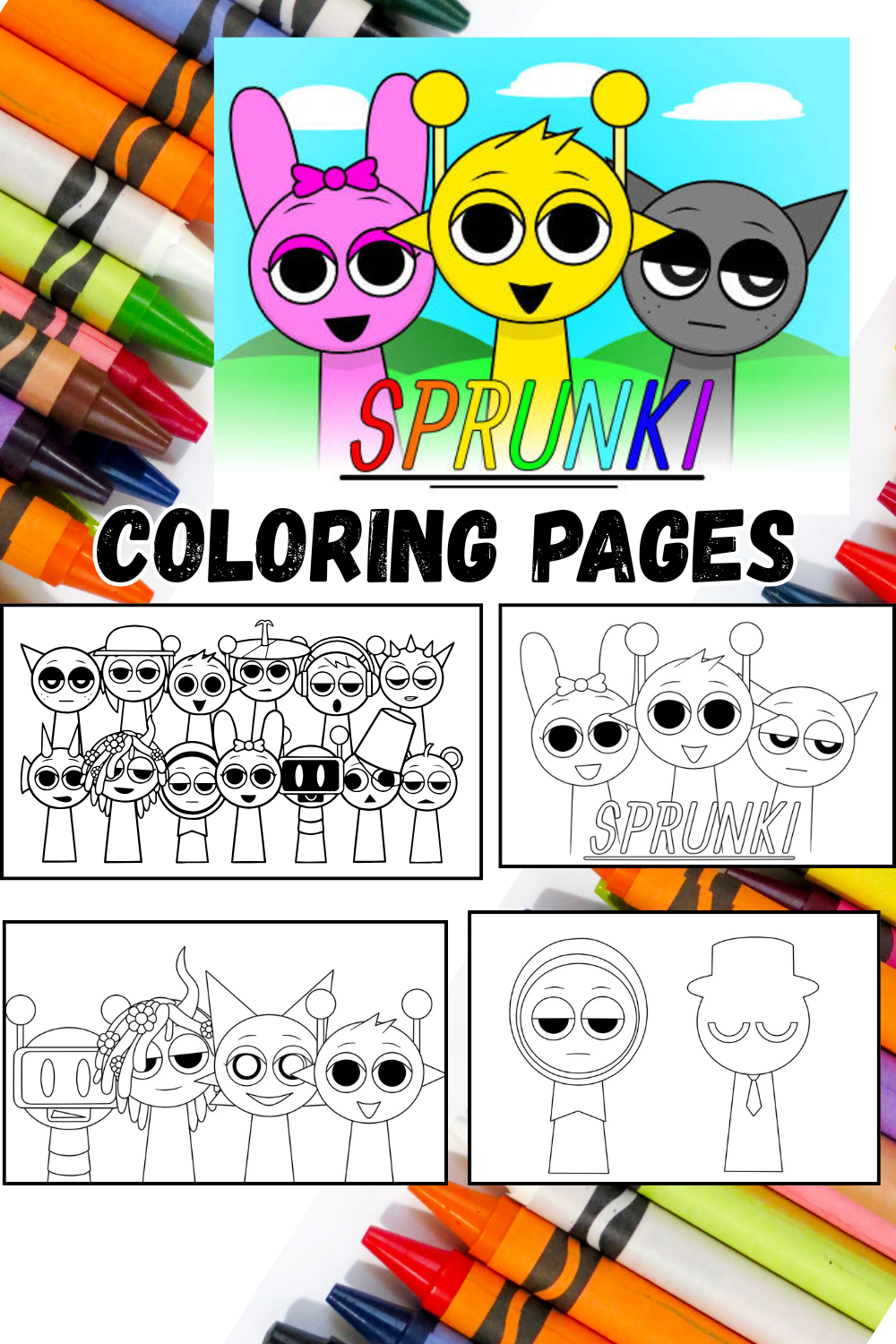 Coloring book pages with Sprunki characters and crayons on a white background