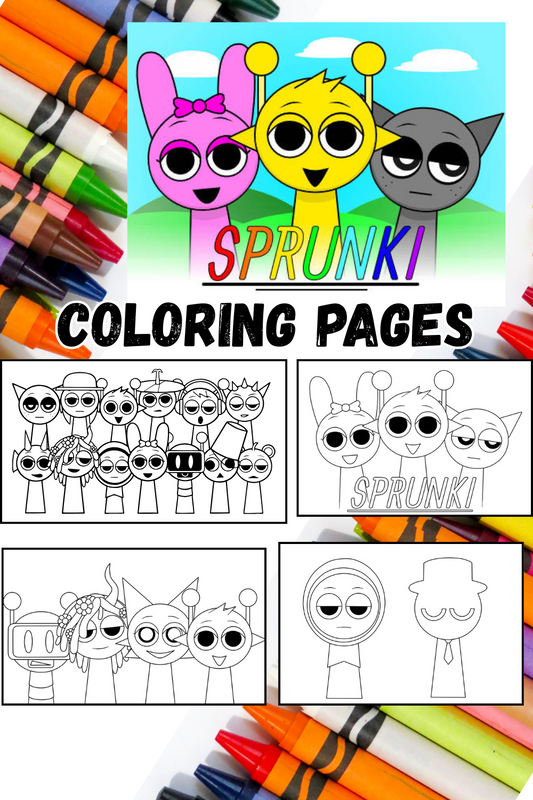 Coloring book pages with Sprunki characters and crayons on a white background