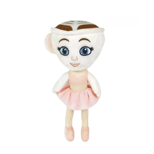 Plush toy ballerina cappuccina plush and pink outfit on a white background
