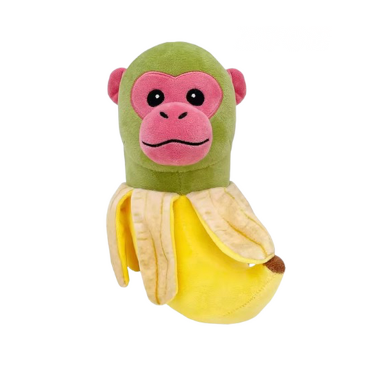 Plush chimpanzini Bananini plush toy with a banana on a white background