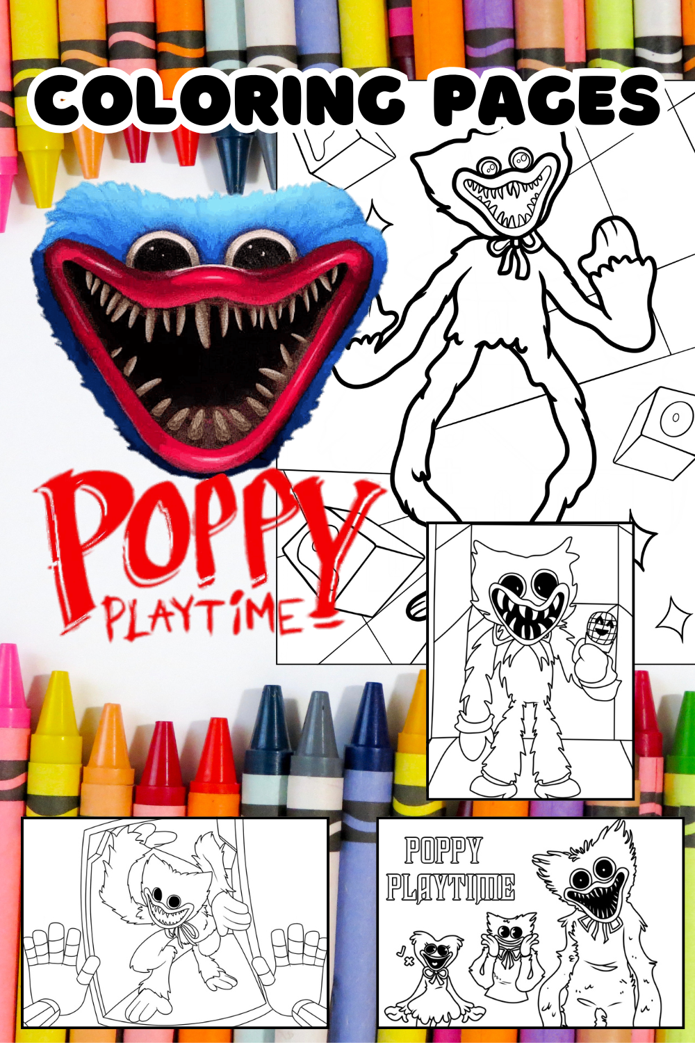 Coloring book cover with Poppy Playtime character and coloring pages, surrounded by crayons.