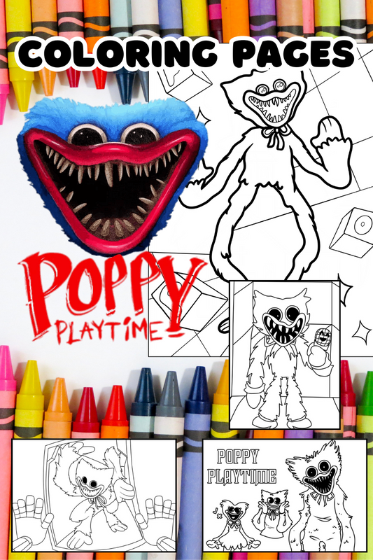 Coloring book cover with Poppy Playtime character and coloring pages, surrounded by crayons.