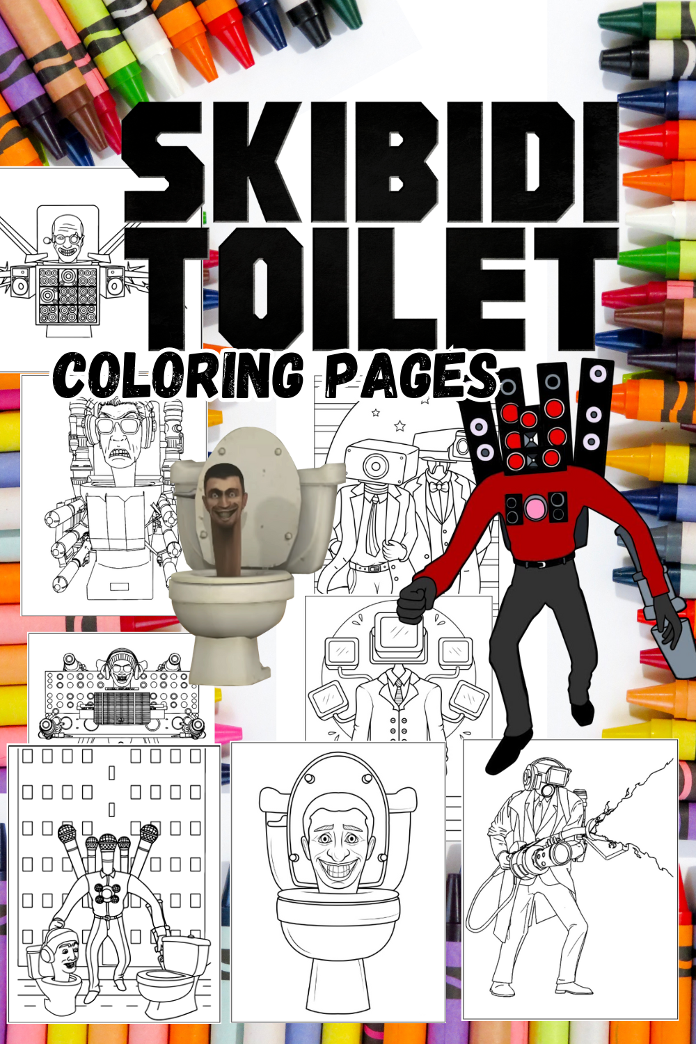 Coloring book with Skibidi Toilet illustrations and crayons on a white background