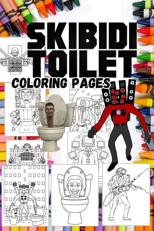 Coloring book with Skibidi Toilet illustrations and crayons on a white background